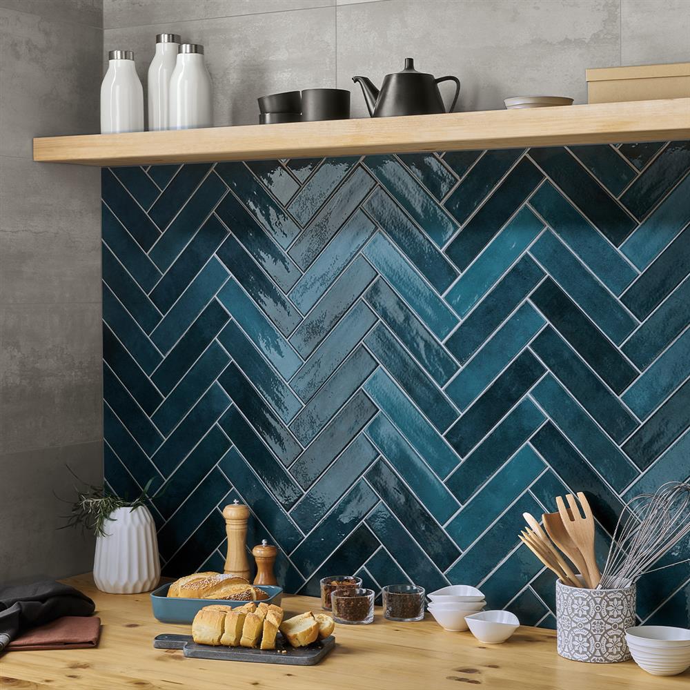 Herringbone Valencia azure metro tiles